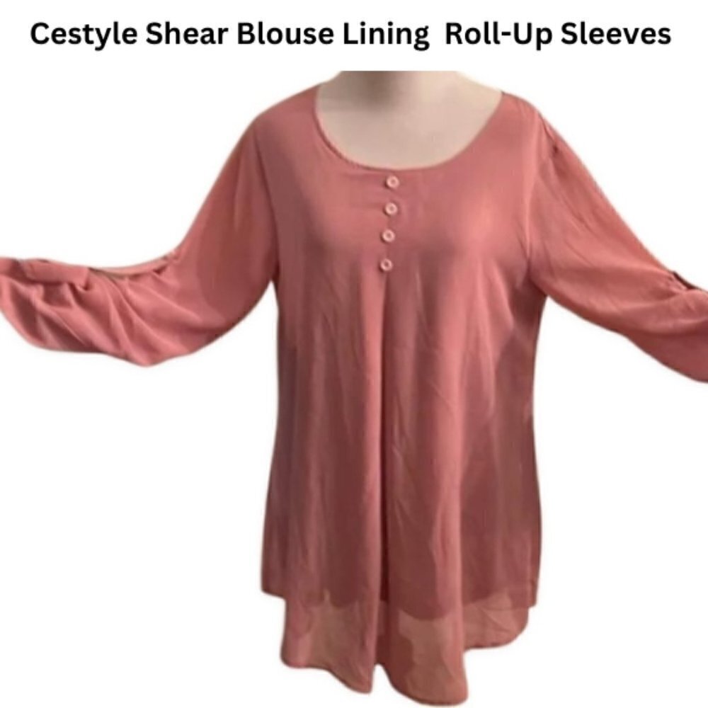 Cestyle Sheer Blouse Pink Blush Front Button Roll Up Sleeves W M